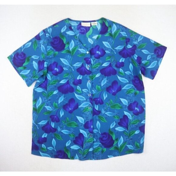 JACLYN SMITH - WOMEN'S BLUE FLORAL PRINT SHORT SLEEVE BUTTON-UP BLOUSE TOP - 16W - Picture 1 of 7